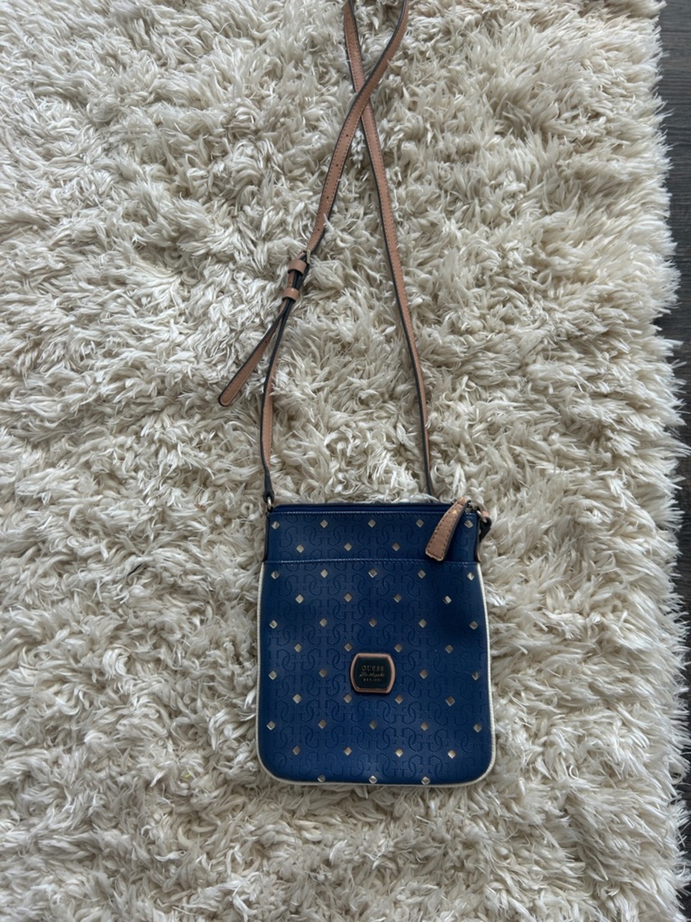 Guess Navy Crossbody with Tan Strap and Gold Accents